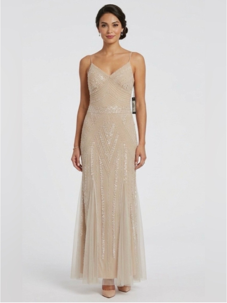 Marina Beaded Nude Maxi Dress With Spaghetti Straps